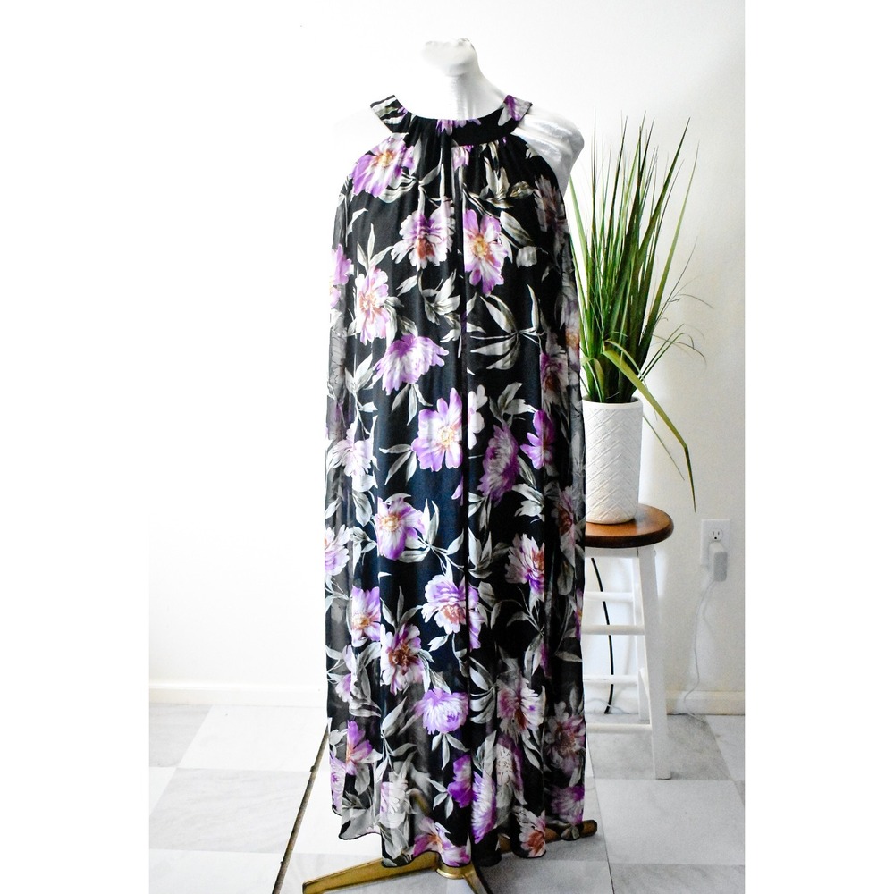 Enfocus Women Maxi‎ Dress 14W Black Purple Floral Halter Pleated Chiffon